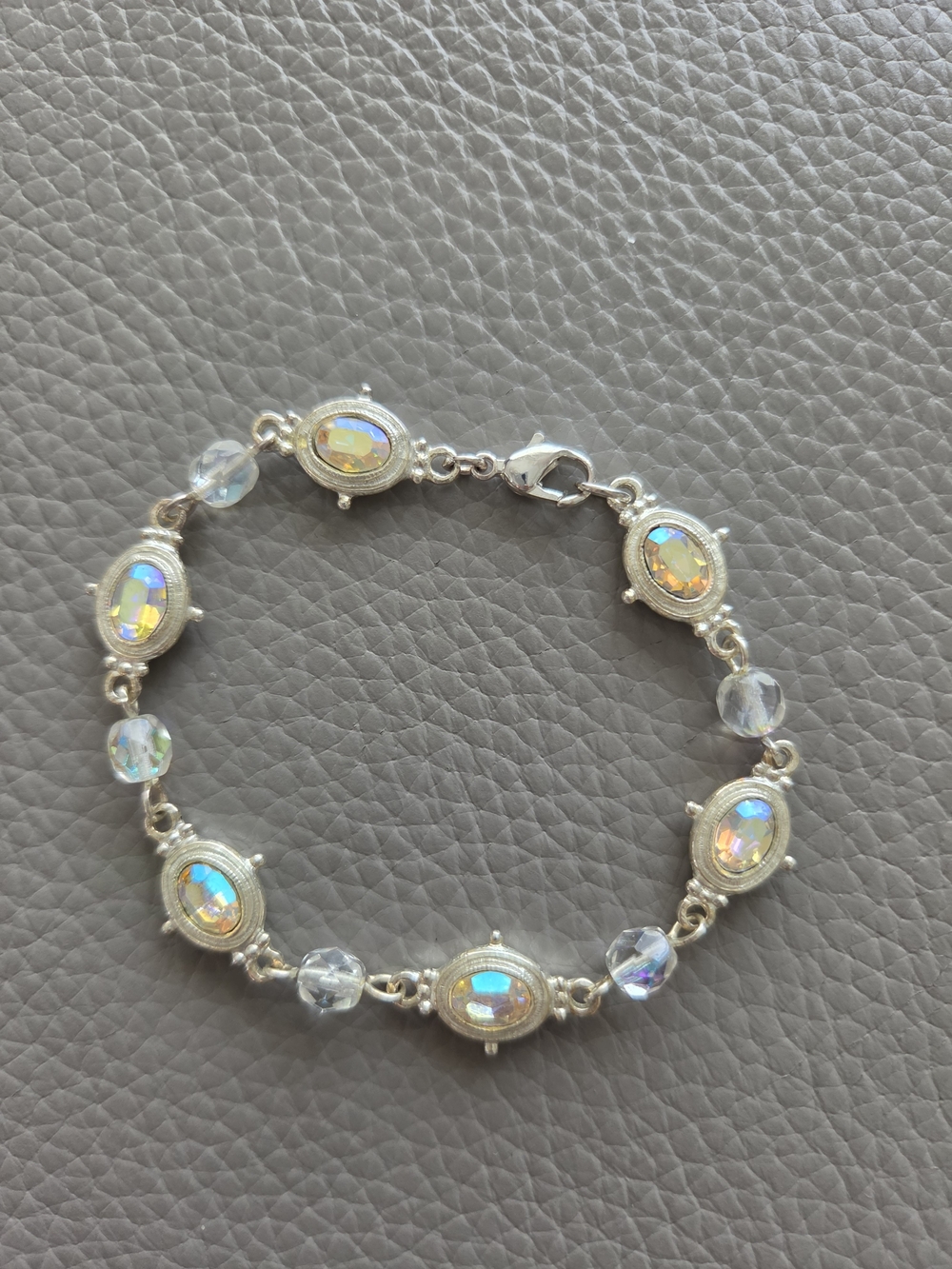 1928 Iridescent Opal Glass and Silver-Tone Bracelet